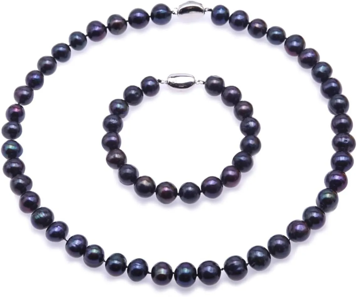 10-11mm Black Round Freshwater Pearl Necklace & Bracelet Set 18"/7.5" Sterling Silver Jewelry Set for Women