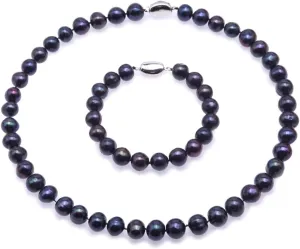 10-11mm Black Round Freshwater Pearl Necklace & Bracelet Set 18"/7.5" Sterling Silver Jewelry Set for Women