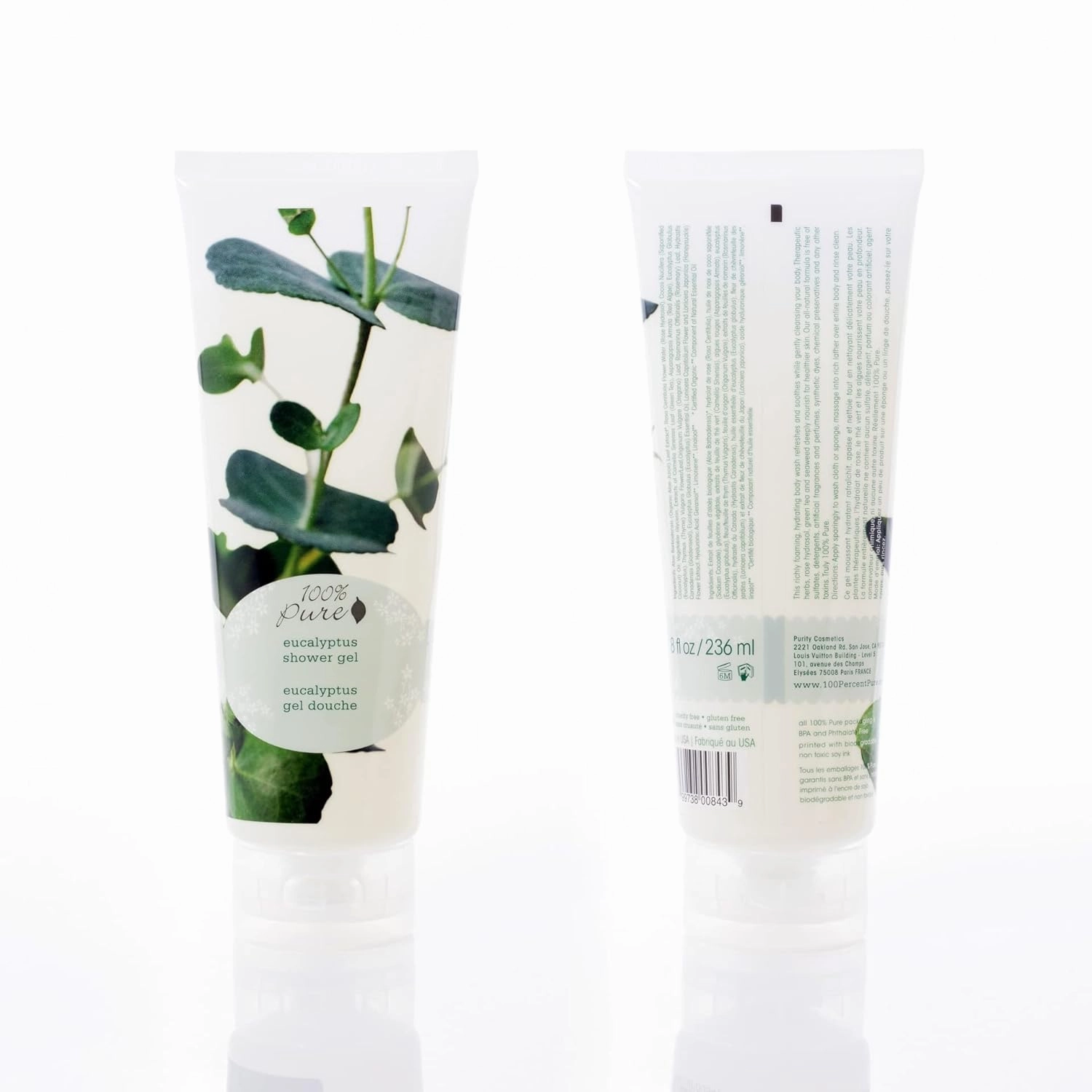100% PURE Eucalyptus Shower Gel Natural Foaming & Hydrating Body Wash - Deeply Moisturizing Gentle Soap Cleanser for All Skin Types, Even Sensitive - Gluten-Free - 8 Fl Oz