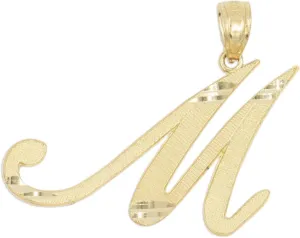 10k Solid Real Gold Cursive Initial Pendant, English Alpahbet A-Z Letter Charm with Diamond Cut (M)