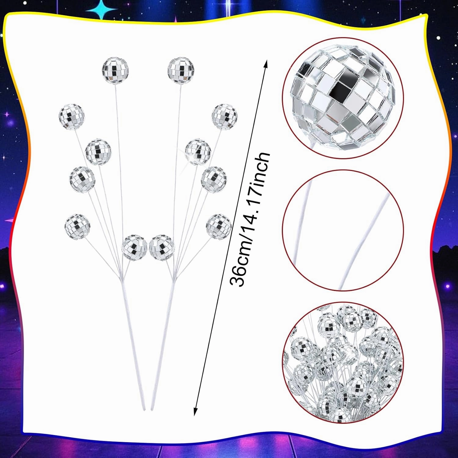 12 Pcs Disco Party Decorations Silver Glitter Mini Disco Balls Flower Picks Floral Arrangement Mirror Balls Ornaments Sticks Bulk 14 Inch Sticks Planter Vases Glitter Stems for Wedding