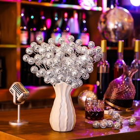 12 Pcs Disco Party Decorations Silver Glitter Mini Disco Balls Flower Picks Floral Arrangement Mirror Balls Ornaments Sticks Bulk 14 Inch Sticks Planter Vases Glitter Stems for Wedding