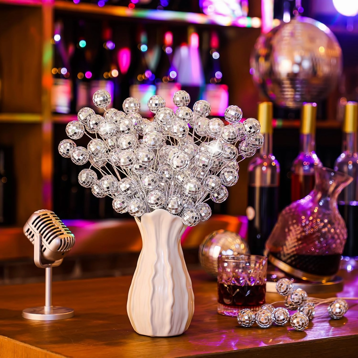12 Pcs Disco Party Decorations Silver Glitter Mini Disco Balls Flower Picks Floral Arrangement Mirror Balls Ornaments Sticks Bulk 14 Inch Sticks Planter Vases Glitter Stems for Wedding