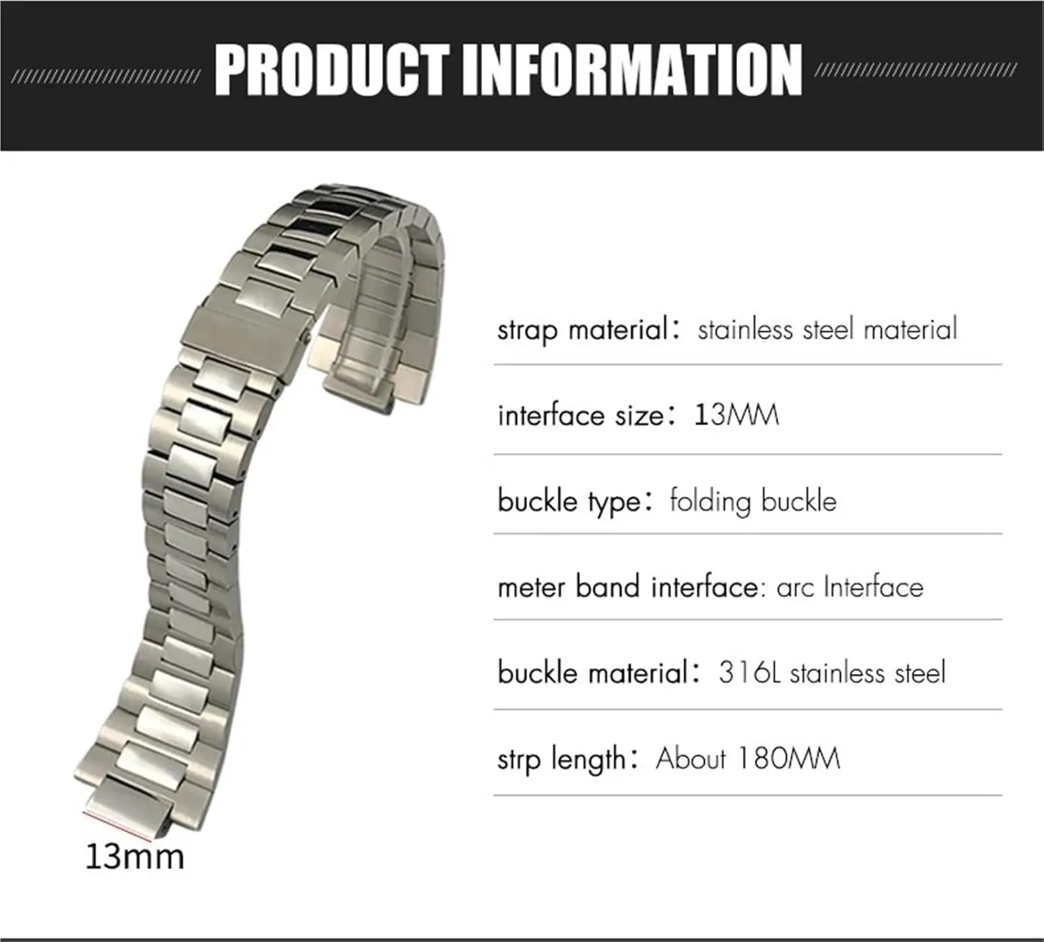 13mm Stainless Steel Watchband 25mm，For Patek Philippe NAUTILUS 5711 5726 Silver Metal Watch Strap Bracelets