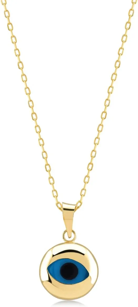 14K Solid Gold Round Evil Eye Necklace | Yellow Gold Blue Eye Pendant for Women | Dainty Protection Jewelry | Gift for Mom | 18"