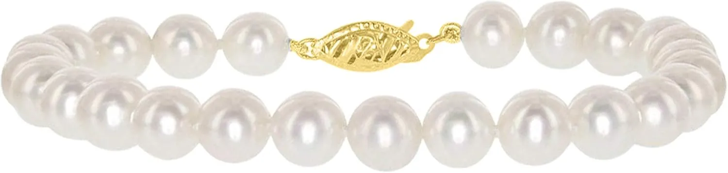 14K Yellow Gold AAA Freshwater Cultured Pearl Bridal Silk-Knotted Strand Bracelet with Fishhook Clasp - Choice of Pearl Size, Length & Metal Color
