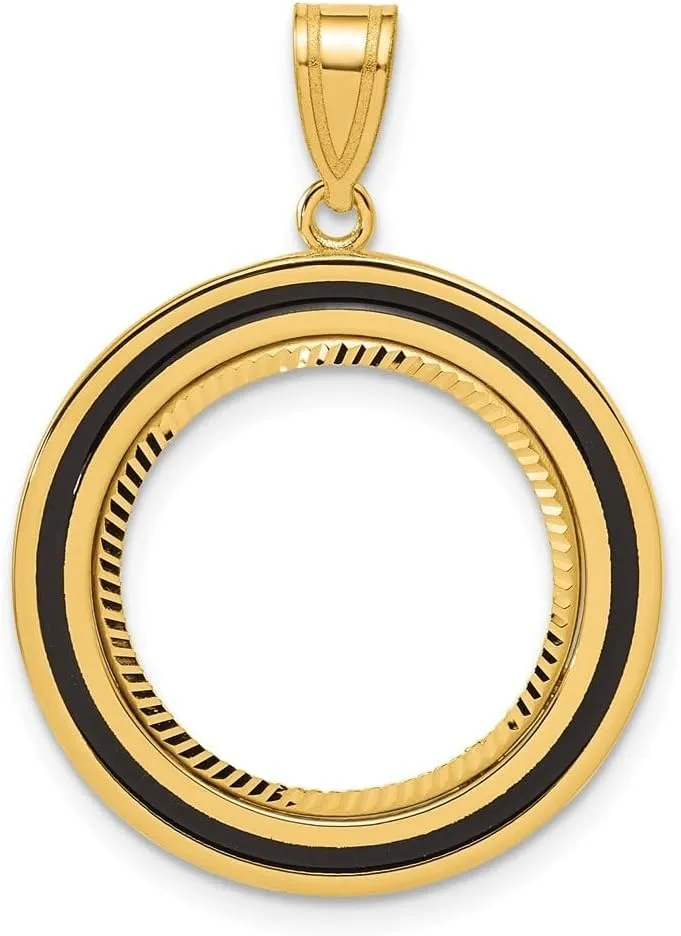 14K Yellow Gold Diamond Cut Black Epoxy Centerline with 16.5mm Prong Coin Bezel Charm Pendant (L- 31.9mm, W-23.15mm)