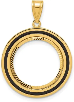 14K Yellow Gold Diamond Cut Black Epoxy Centerline with 16.5mm Prong Coin Bezel Charm Pendant (L- 31.9mm, W-23.15mm)