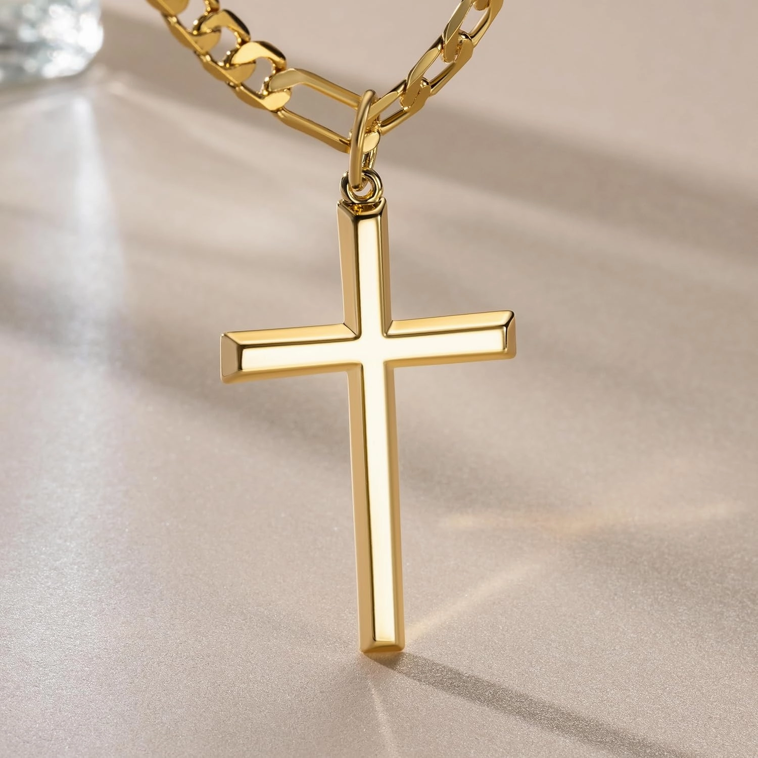 14k Gold Cross Necklace for Men Large Gold Cross Pendant Figaro Chain for Mens 14K Chain 5mm Masculine Appeal 20, 22, 24 INCH