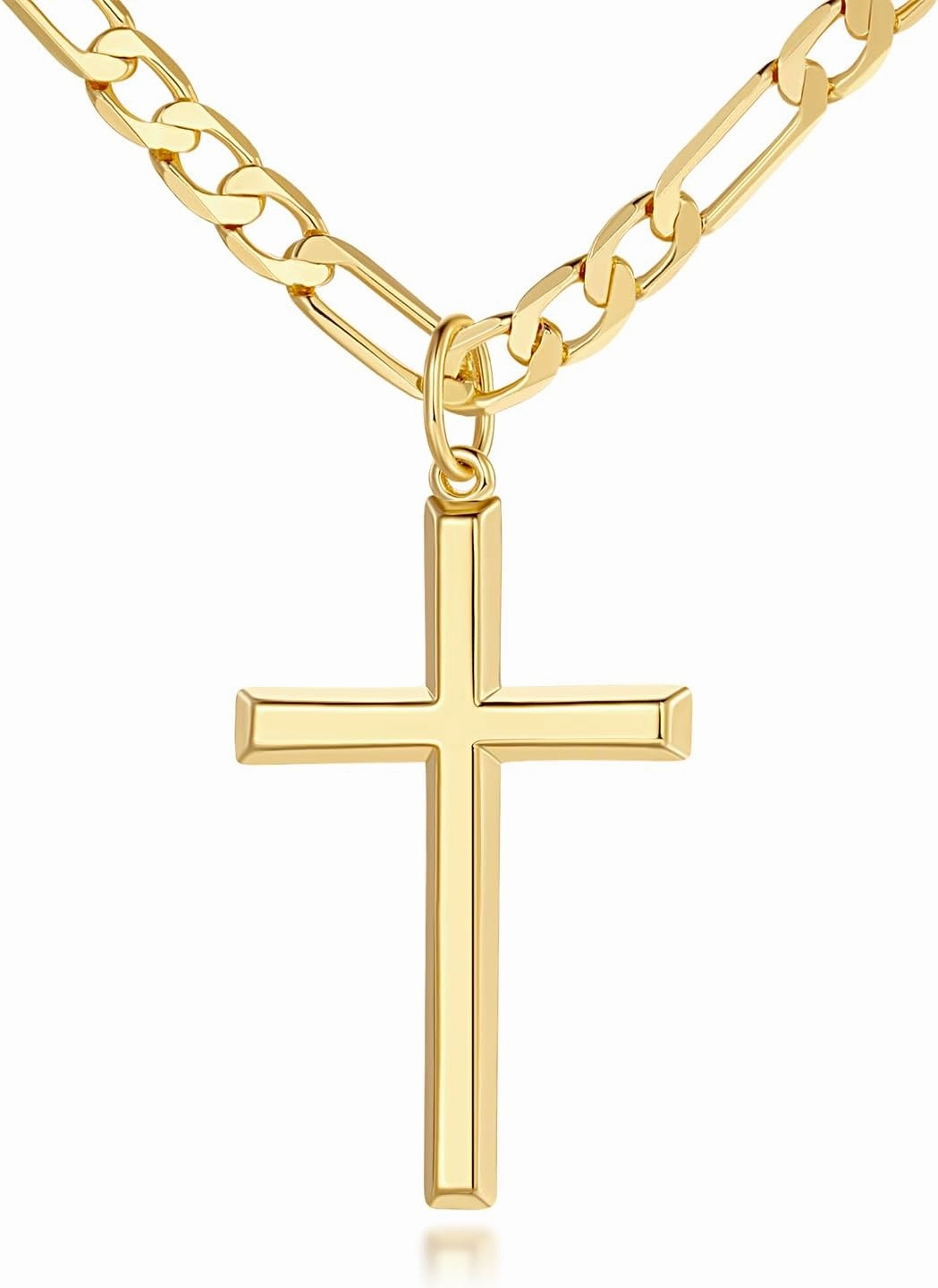 14k Gold Cross Necklace for Men Large Gold Cross Pendant Figaro Chain for Mens 14K Chain 5mm Masculine Appeal 20, 22, 24 INCH