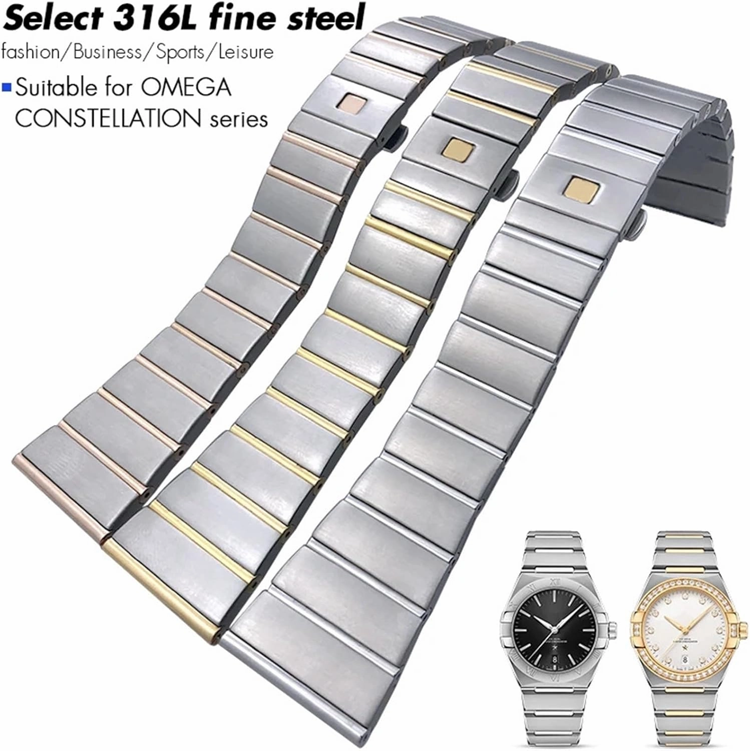 15mm 17mm 18mm 23mm 25mm Concave Shape Stainless Steel Watchband Fit for Omega Constellation Silver Watch Strap Solid Bracelets