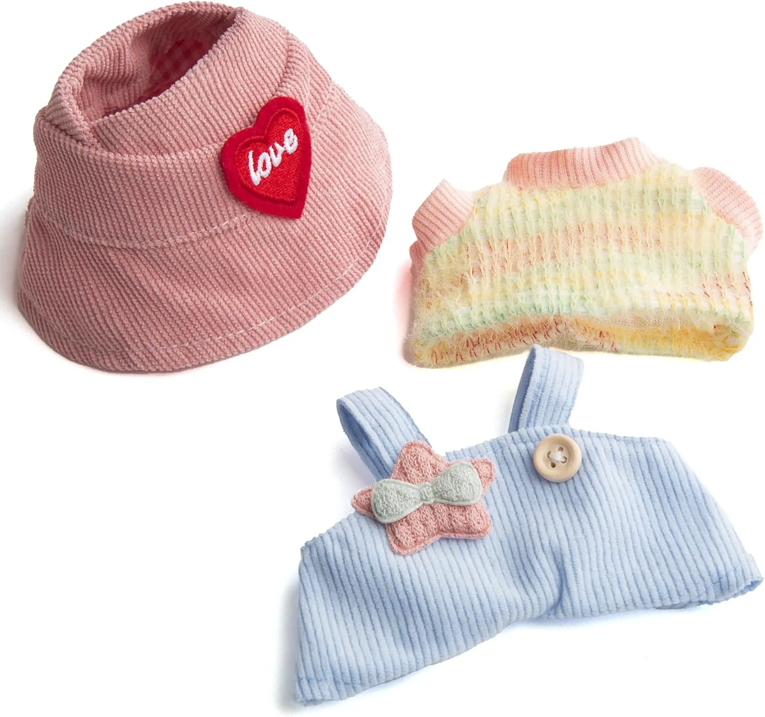 17cm Doll Clothes - Kawaii Chic Style Set for 17cm Dolls, Cute Doll Outfit with Accessories - Colorful T-Shirt   Star Light Blue Romper   Heart Shaped Pink Hat (NO Doll)