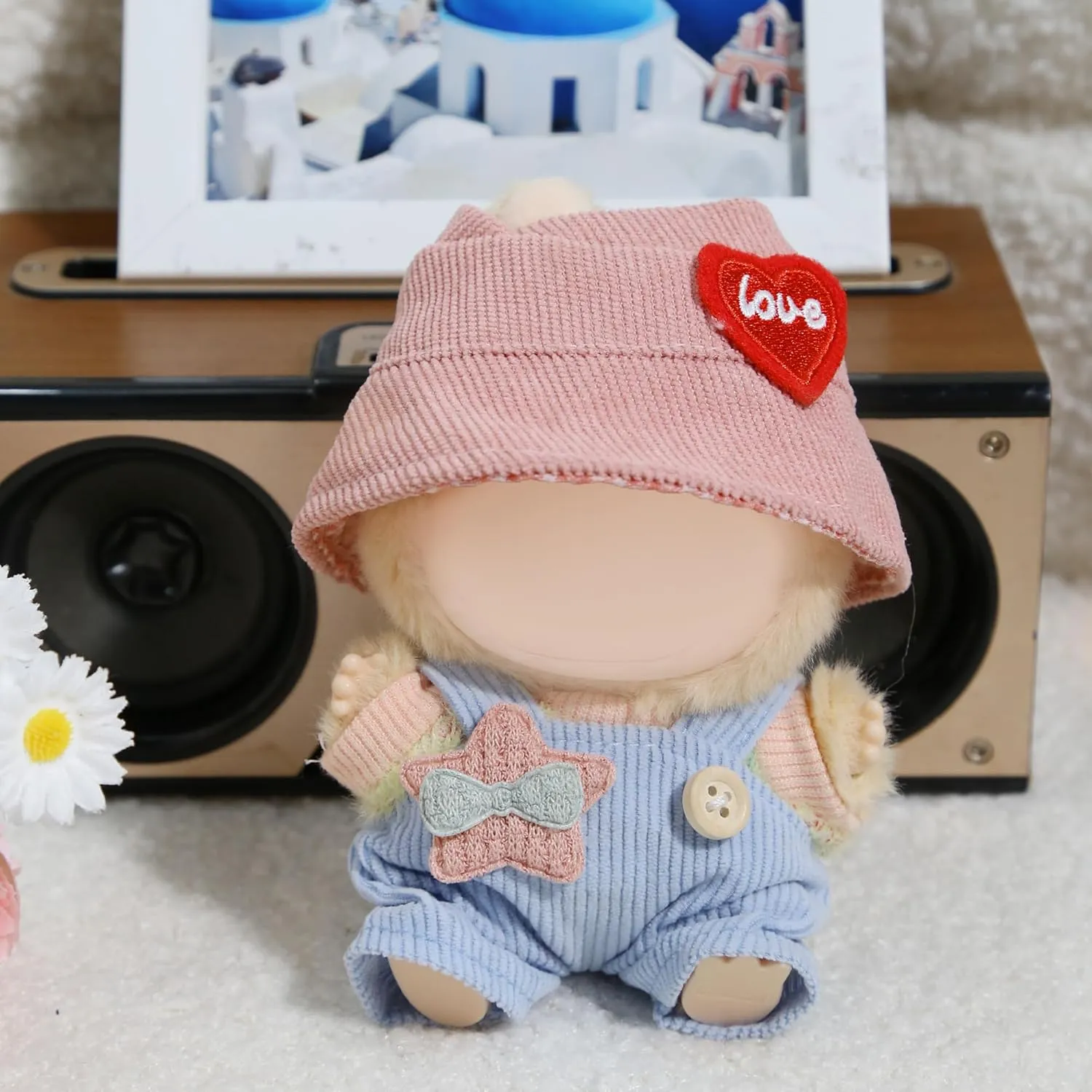 17cm Doll Clothes - Kawaii Chic Style Set for 17cm Dolls, Cute Doll Outfit with Accessories - Colorful T-Shirt   Star Light Blue Romper   Heart Shaped Pink Hat (NO Doll)