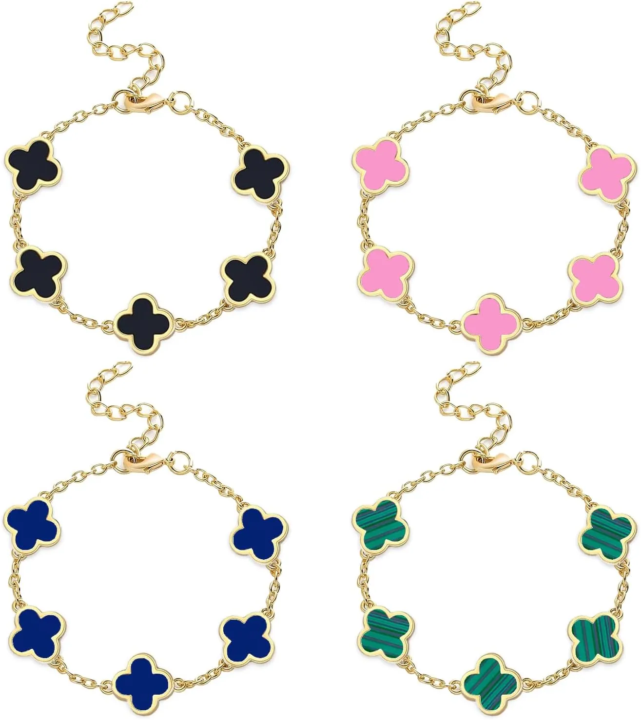 18K Gold Plated Adjustable Lucky Bracelet Set - Black/Blue/Pink/Green Charm Jewelry for Women, Mother’s Day