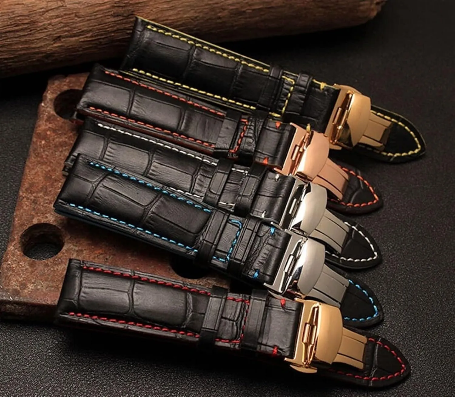 18mm 20mm 22mm stitches with Genuine Leather Watch Band Strap Silver Steel Butterfly Watch buckle