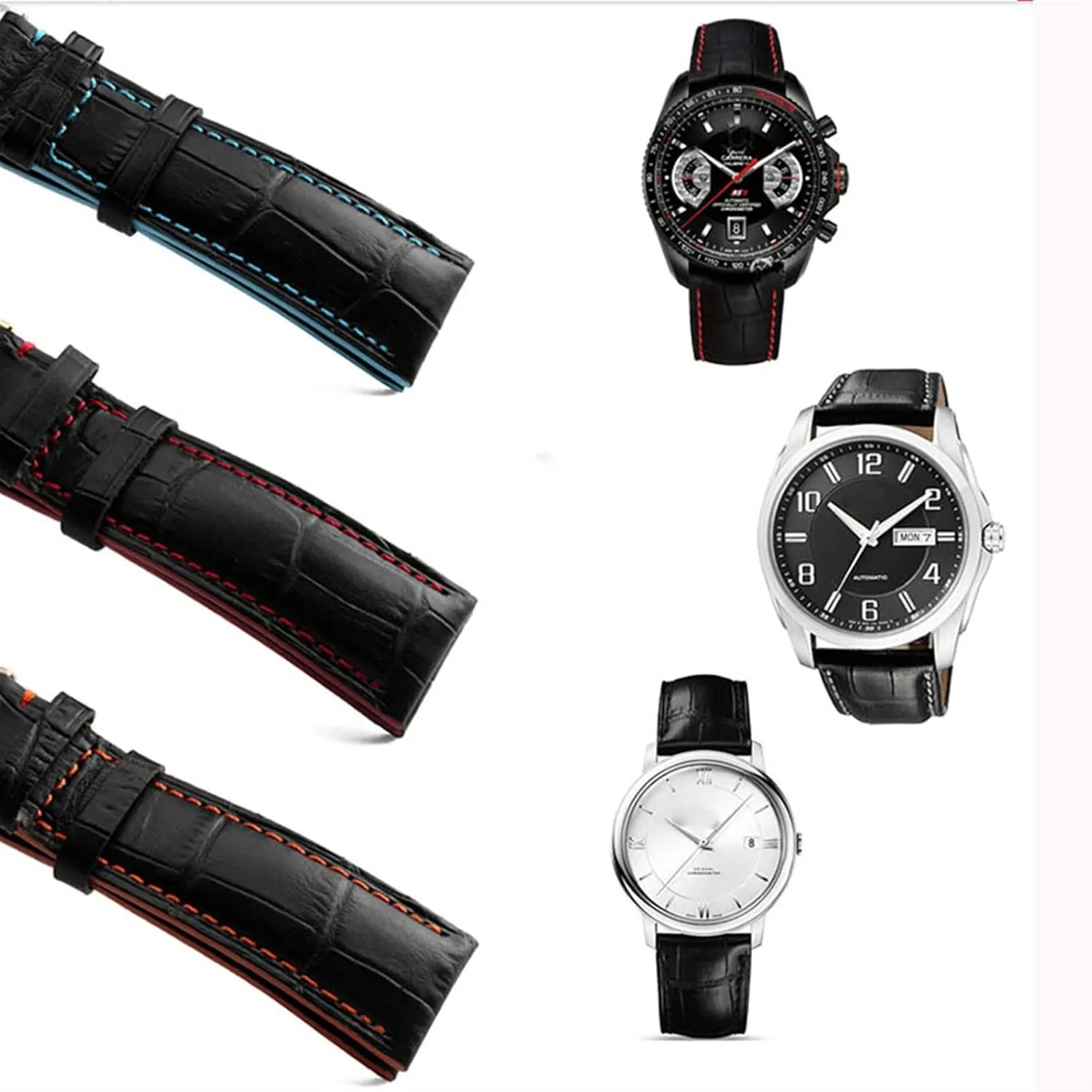 18mm 20mm 22mm stitches with Genuine Leather Watch Band Strap Silver Steel Butterfly Watch buckle
