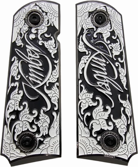 1911 Grips Full-Size (Government/Commander) for Kimber, Colt, Rock Island, Springfield,1911 Clones Black and Silver Floral Design with Engraved Script, Ambi Cut, Screws Included, Metal Grips