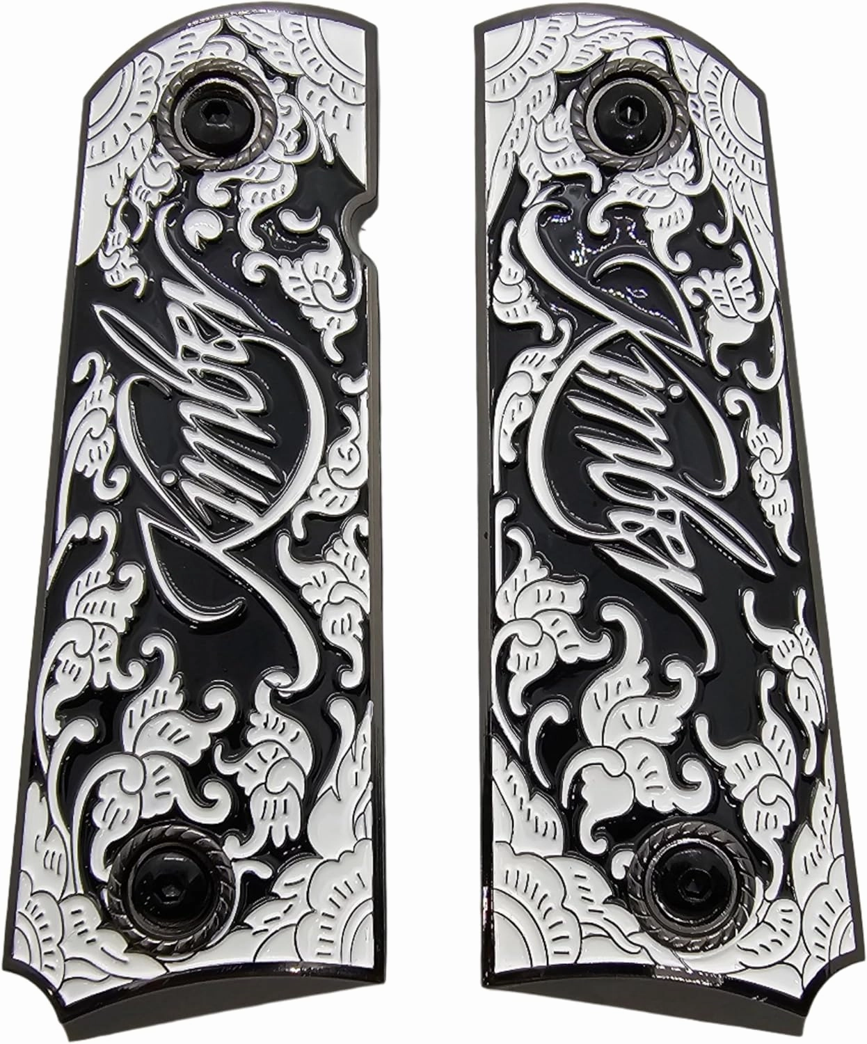 1911 Grips Full-Size (Government/Commander) for Kimber, Colt, Rock Island, Springfield,1911 Clones Black and Silver Floral Design with Engraved Script, Ambi Cut, Screws Included, Metal Grips