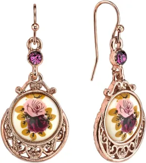 1928 Jewelry Manor House Purple & Pink Rose Flower Amethyst Crystal Drop & Dangle Earrings, Romantic Roses Vintage Victorian Inspired Aesthetic, Rose Gold Tone, Made In USA