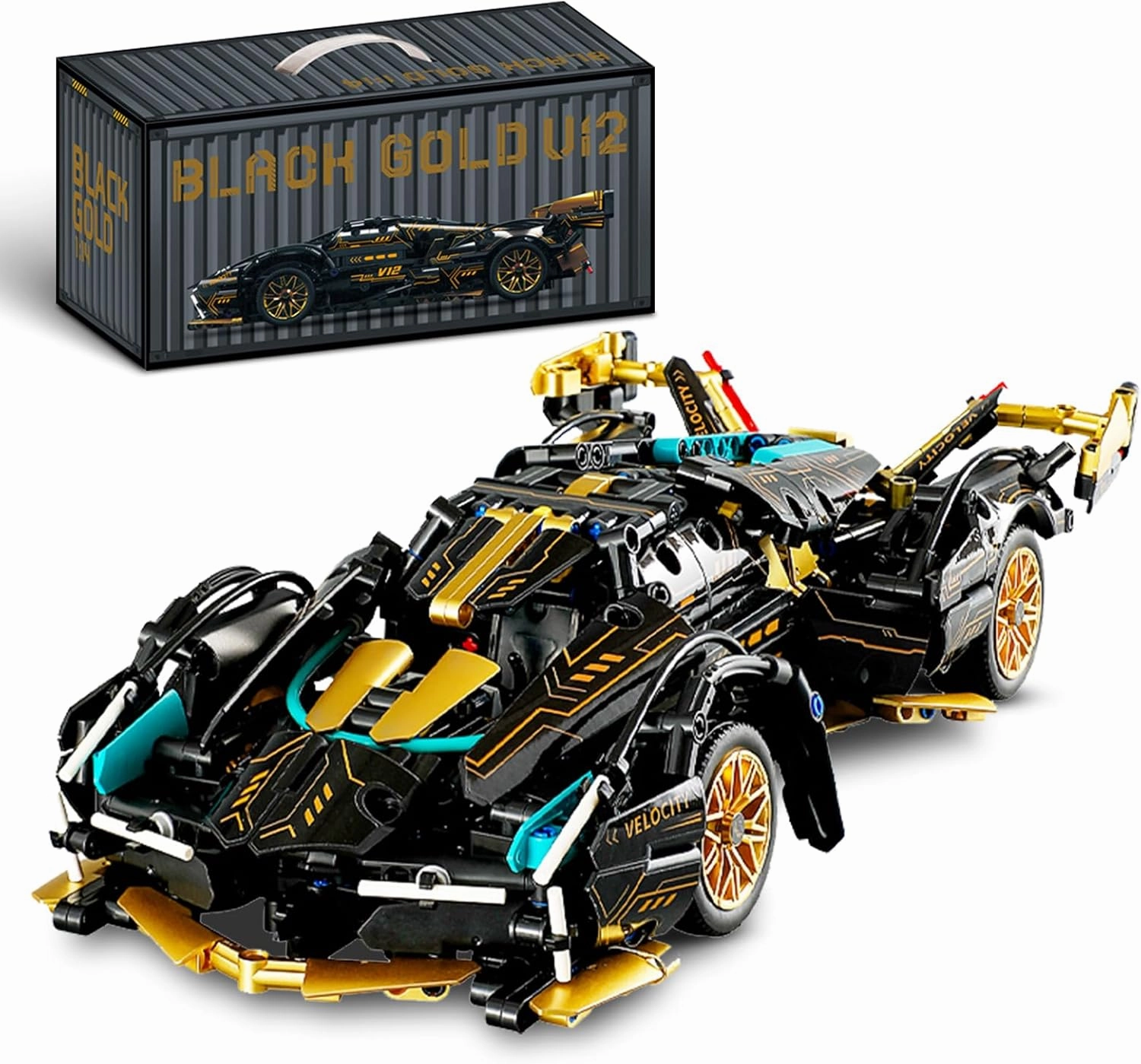 1:14 V12 Technic Super Sports Cars Model Sets - 1314 PCS Black Gold MOC Building Block Car Raceing Engineering Toys - Gift Idea for Adults Boys Girls for Play and Display Collection