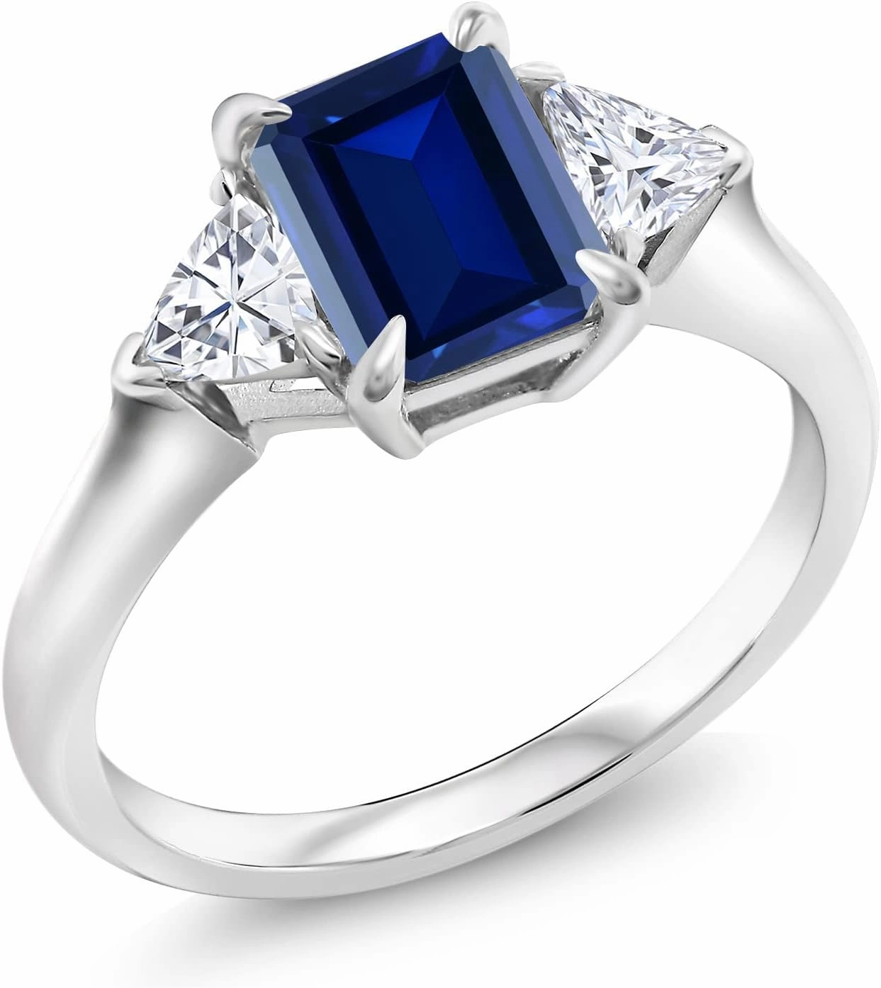 1.82 Cttw Blue Created Sapphire and White Moissanite 3-Stone Ring For Women | 925 Sterling Silver | 8X6MM Emerald Cut and 3.5 Trillion | Gemstone Birthstone | Available In Size 5, 6, 7, 8, 9