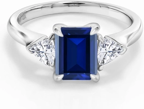 1.82 Cttw Blue Created Sapphire and White Moissanite 3-Stone Ring For Women | 925 Sterling Silver | 8X6MM Emerald Cut and 3.5 Trillion | Gemstone Birthstone | Available In Size 5, 6, 7, 8, 9