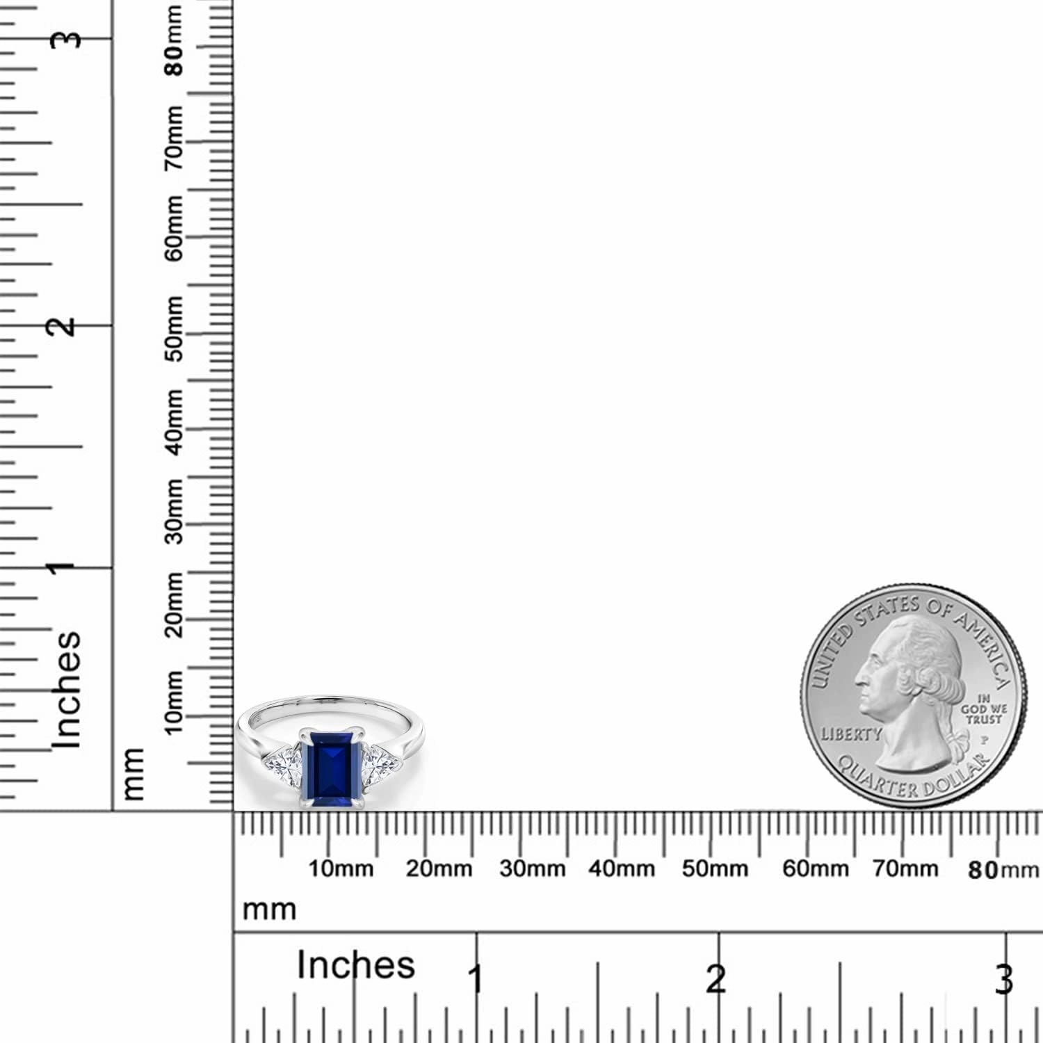 1.82 Cttw Blue Created Sapphire and White Moissanite 3-Stone Ring For Women | 925 Sterling Silver | 8X6MM Emerald Cut and 3.5 Trillion | Gemstone Birthstone | Available In Size 5, 6, 7, 8, 9