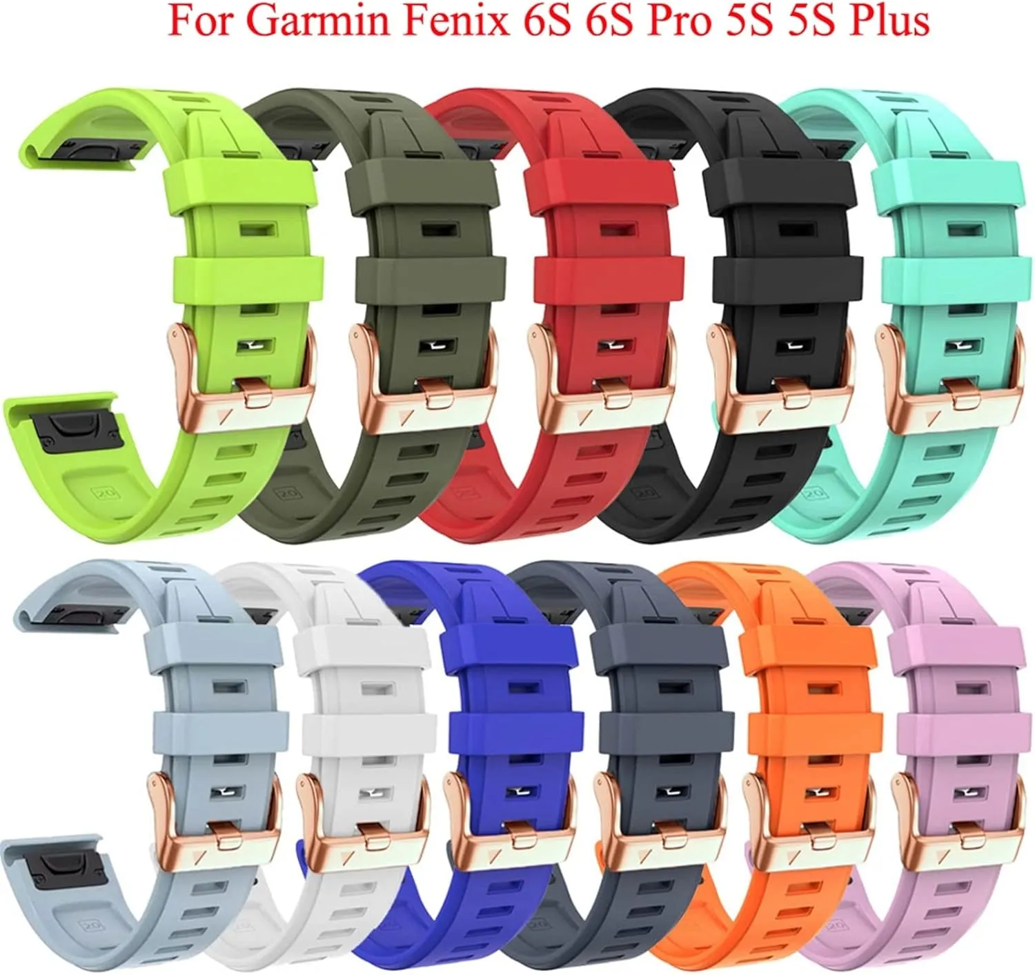 20mm Watch Band Replacement For Garmin Fenix 5S/5S Plus/6S/7S/Instinct 2S/D2, Quick Fit Soft Silicone Strap With Rose Gold Buckle Breathable Waterproof Wristband