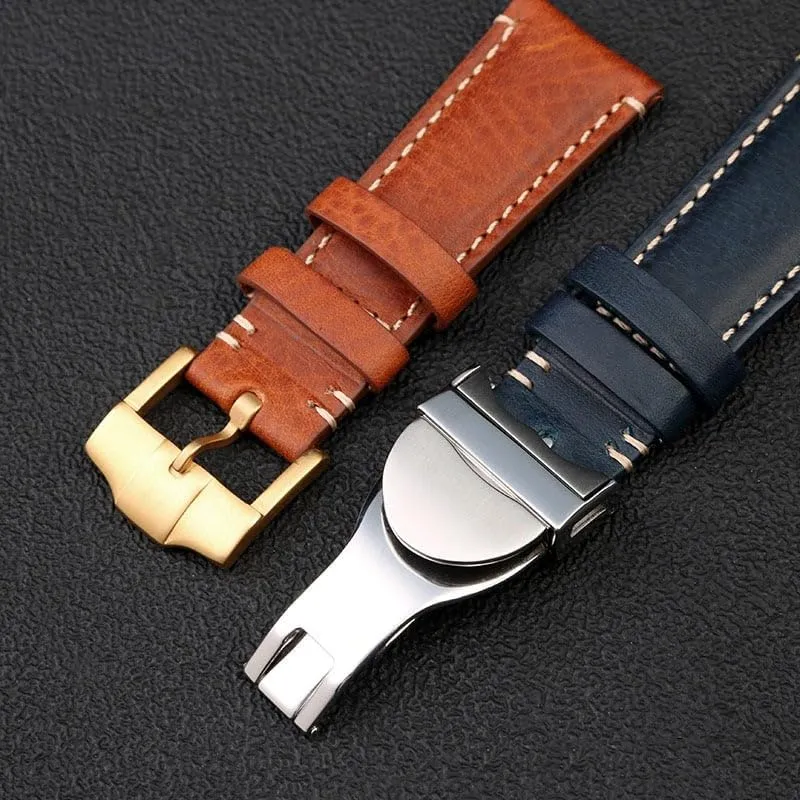 22mm Brown black Vintage retro Italy Genuine Leather Watchband For Tudor Strap watch band Butterfly buckle Belt