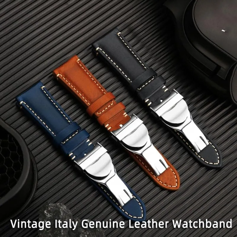 22mm Brown black Vintage retro Italy Genuine Leather Watchband For Tudor Strap watch band Butterfly buckle Belt