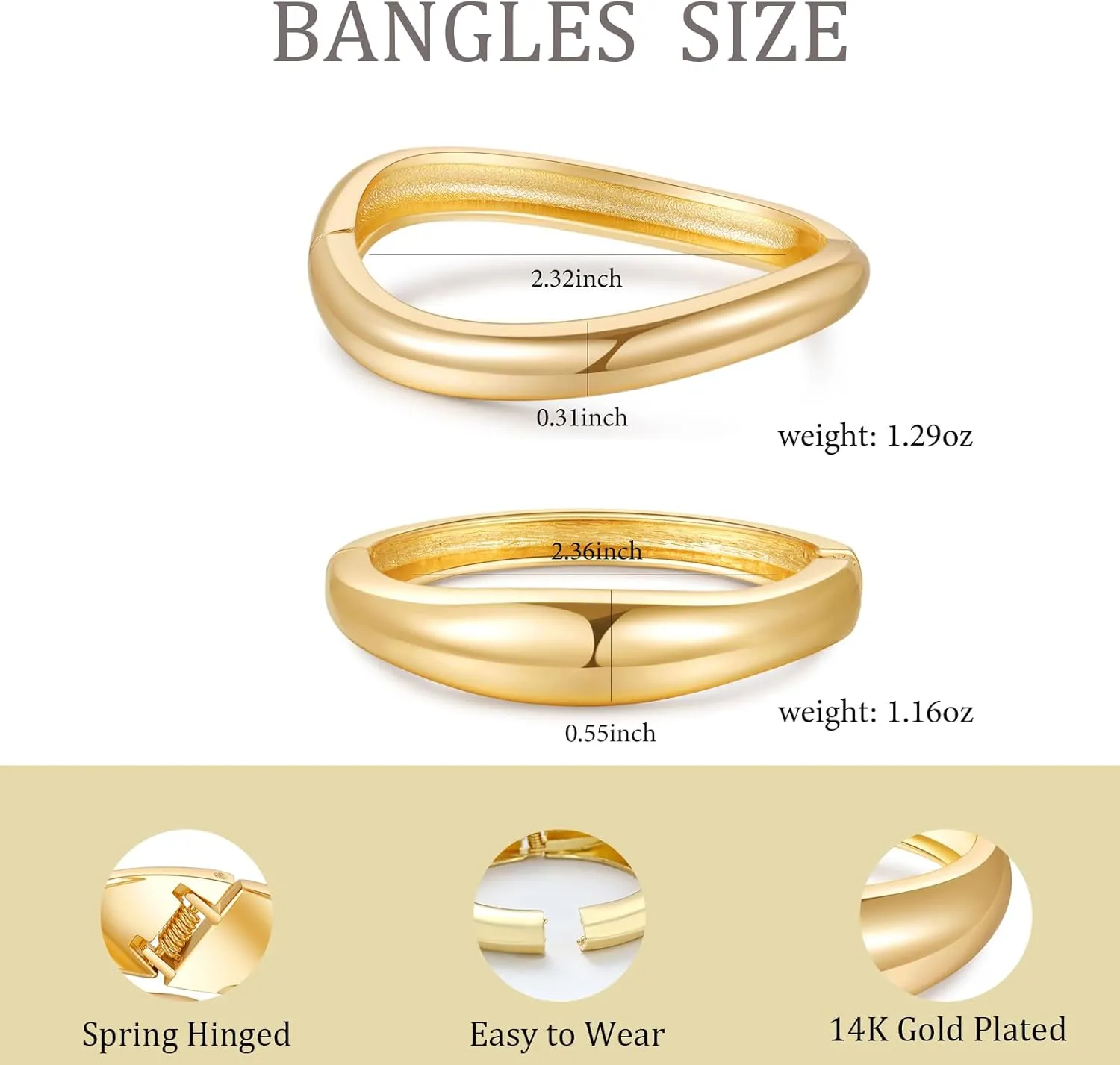 2pcs Gold Bangle Bracelets for Women, Trendy Hinged Cuff Open Wide Chunky Gold Bracelet Stack Arm Cuff Jewelry for Women