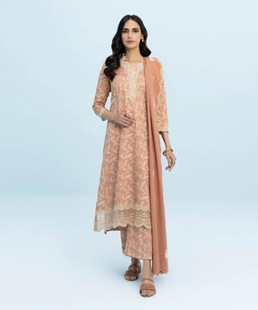 3 Piece - Embroidered Cotton Satin Suit