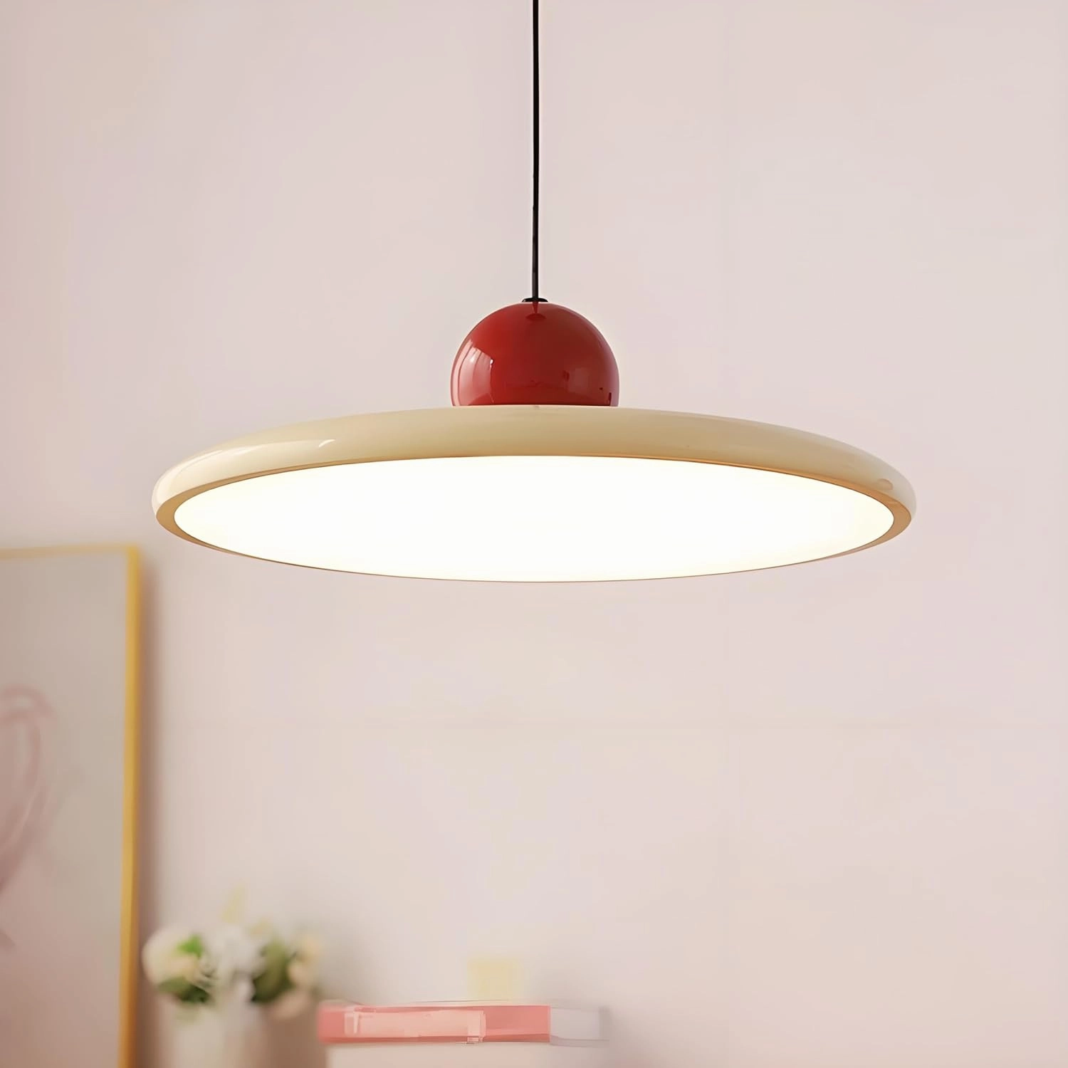 40cm Modern LED Pendant Light, 36W Dimmable Ceiling Hanging Lamp, 3000K/4500K/6000K, Height Adjustable, Metal Round Chandelier for Dining Room, Living Room, Bedroom (Red   Beige)