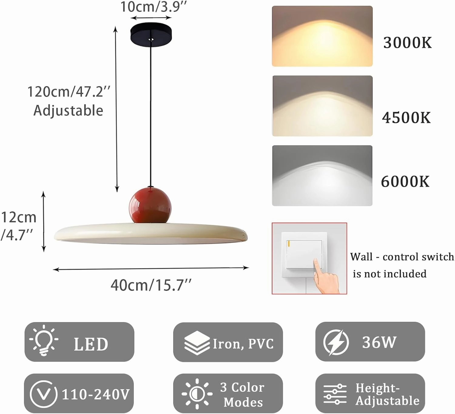 40cm Modern LED Pendant Light, 36W Dimmable Ceiling Hanging Lamp, 3000K/4500K/6000K, Height Adjustable, Metal Round Chandelier for Dining Room, Living Room, Bedroom (Red   Beige)