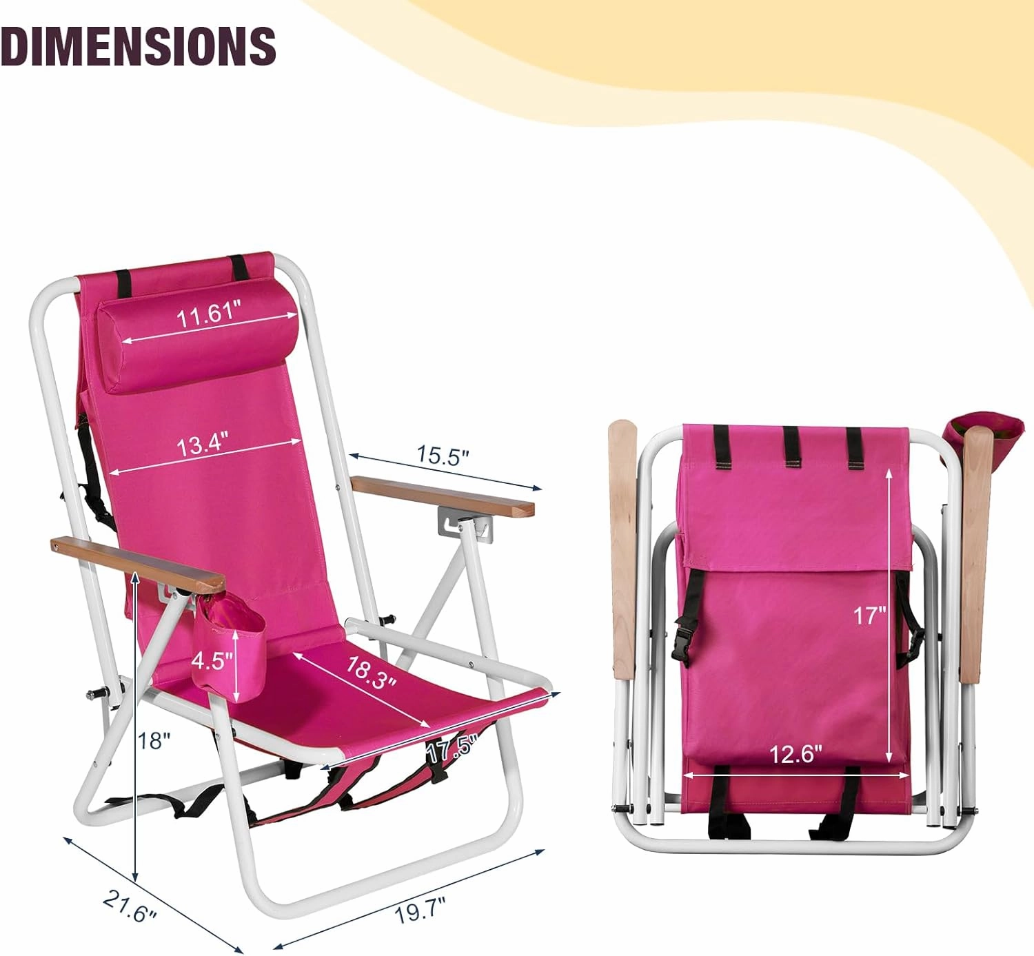 4-Position Folding Backpack Beach Chair with Headrest & Cup Holder - Portable Camping Chair with Wooden Armrests, 330LB Capacity & Adjustable Recline - Lightweight & Compact, Pink