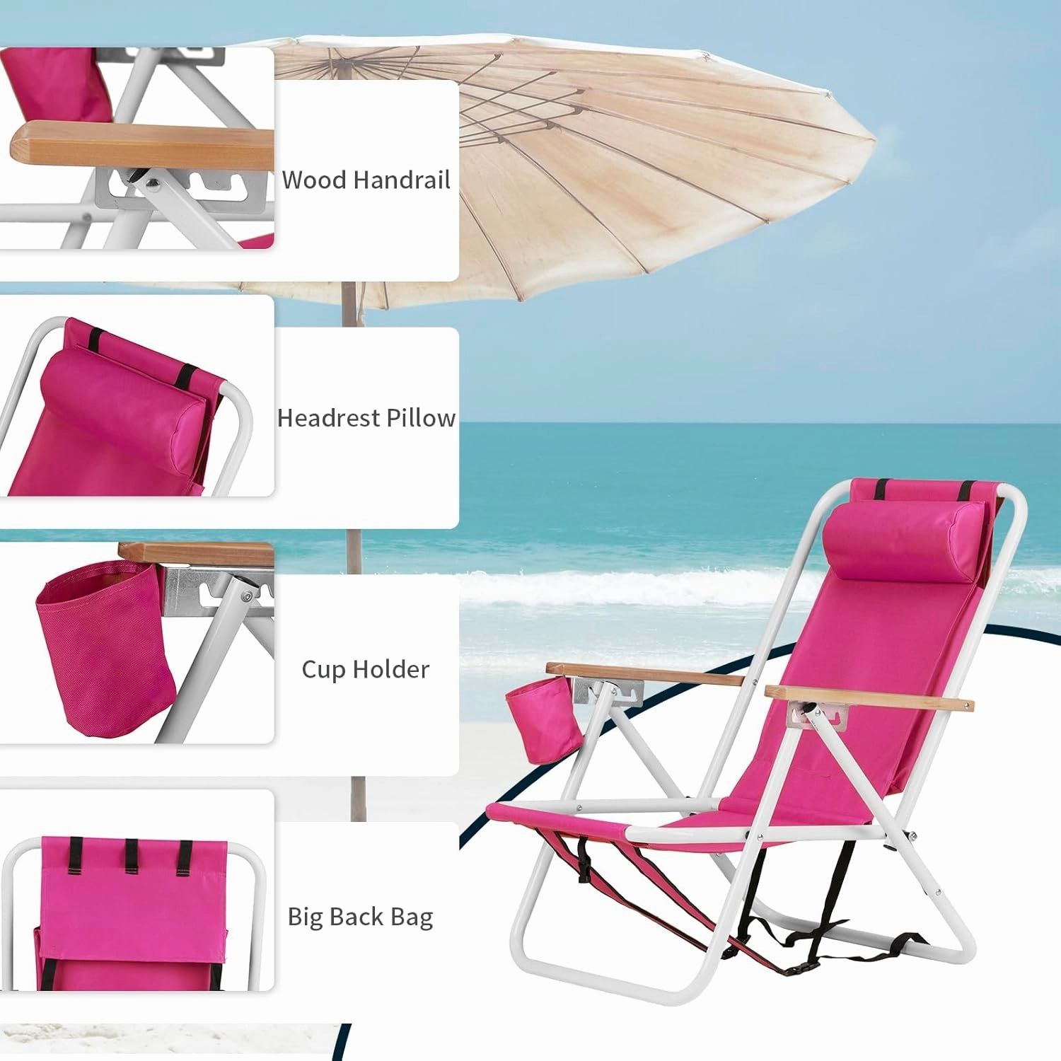 4-Position Folding Backpack Beach Chair with Headrest & Cup Holder - Portable Camping Chair with Wooden Armrests, 330LB Capacity & Adjustable Recline - Lightweight & Compact, Pink
