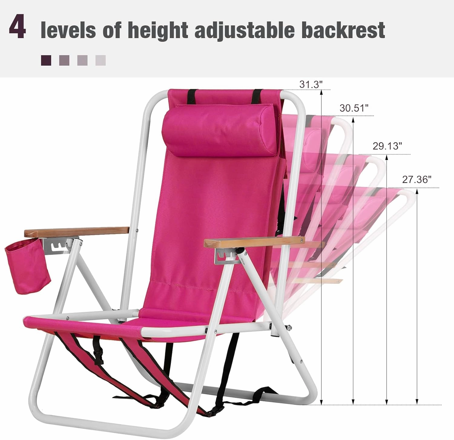 4-Position Folding Backpack Beach Chair with Headrest & Cup Holder - Portable Camping Chair with Wooden Armrests, 330LB Capacity & Adjustable Recline - Lightweight & Compact, Pink