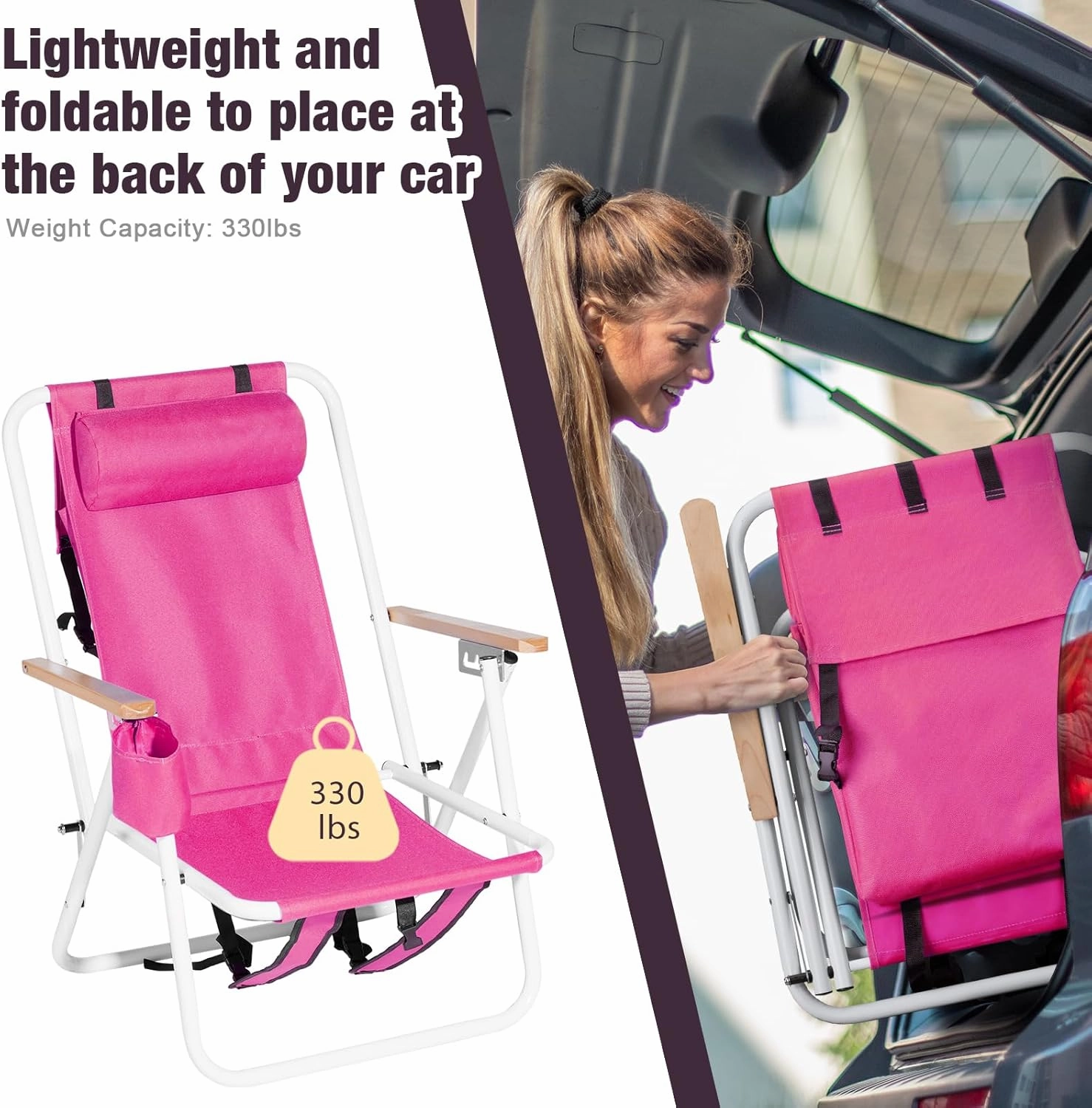 4-Position Folding Backpack Beach Chair with Headrest & Cup Holder - Portable Camping Chair with Wooden Armrests, 330LB Capacity & Adjustable Recline - Lightweight & Compact, Pink