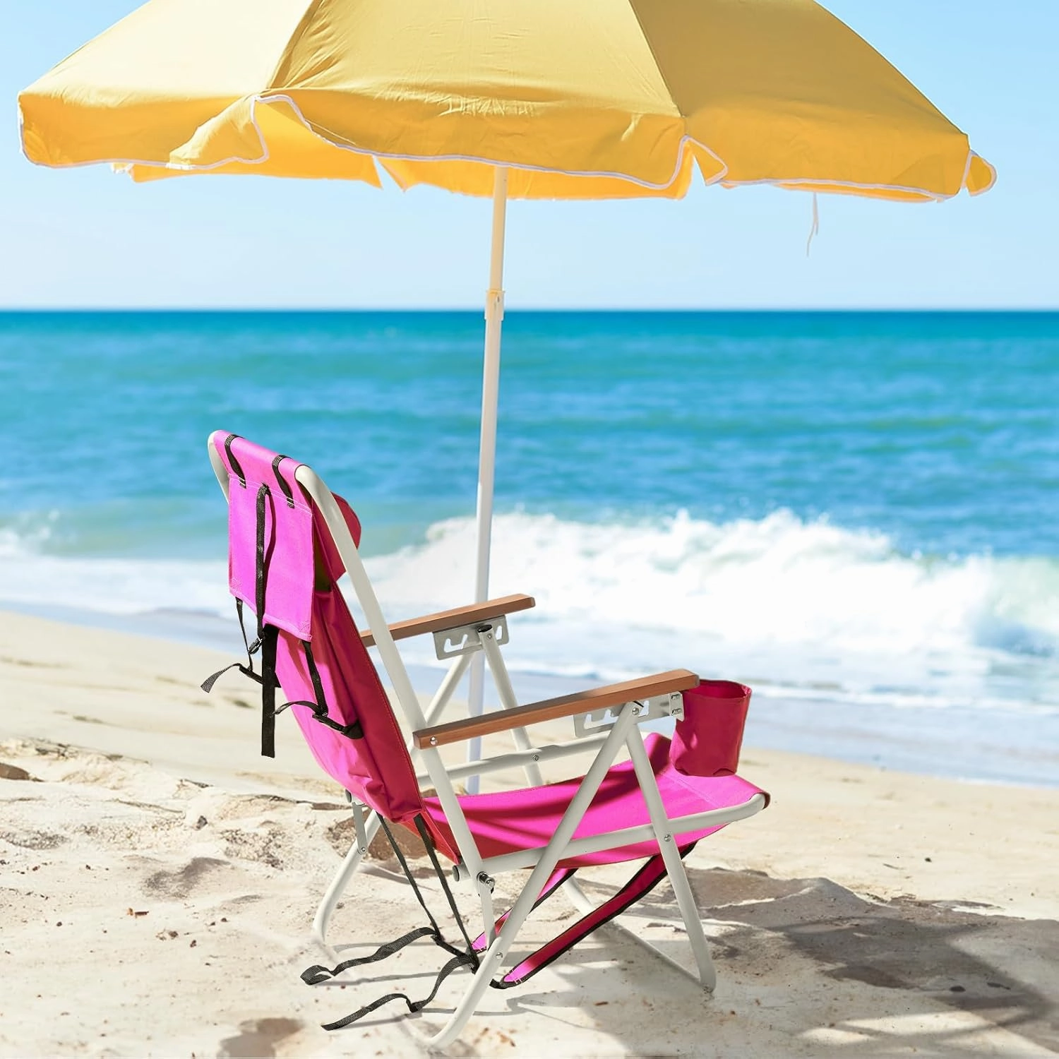 4-Position Folding Backpack Beach Chair with Headrest & Cup Holder - Portable Camping Chair with Wooden Armrests, 330LB Capacity & Adjustable Recline - Lightweight & Compact, Pink
