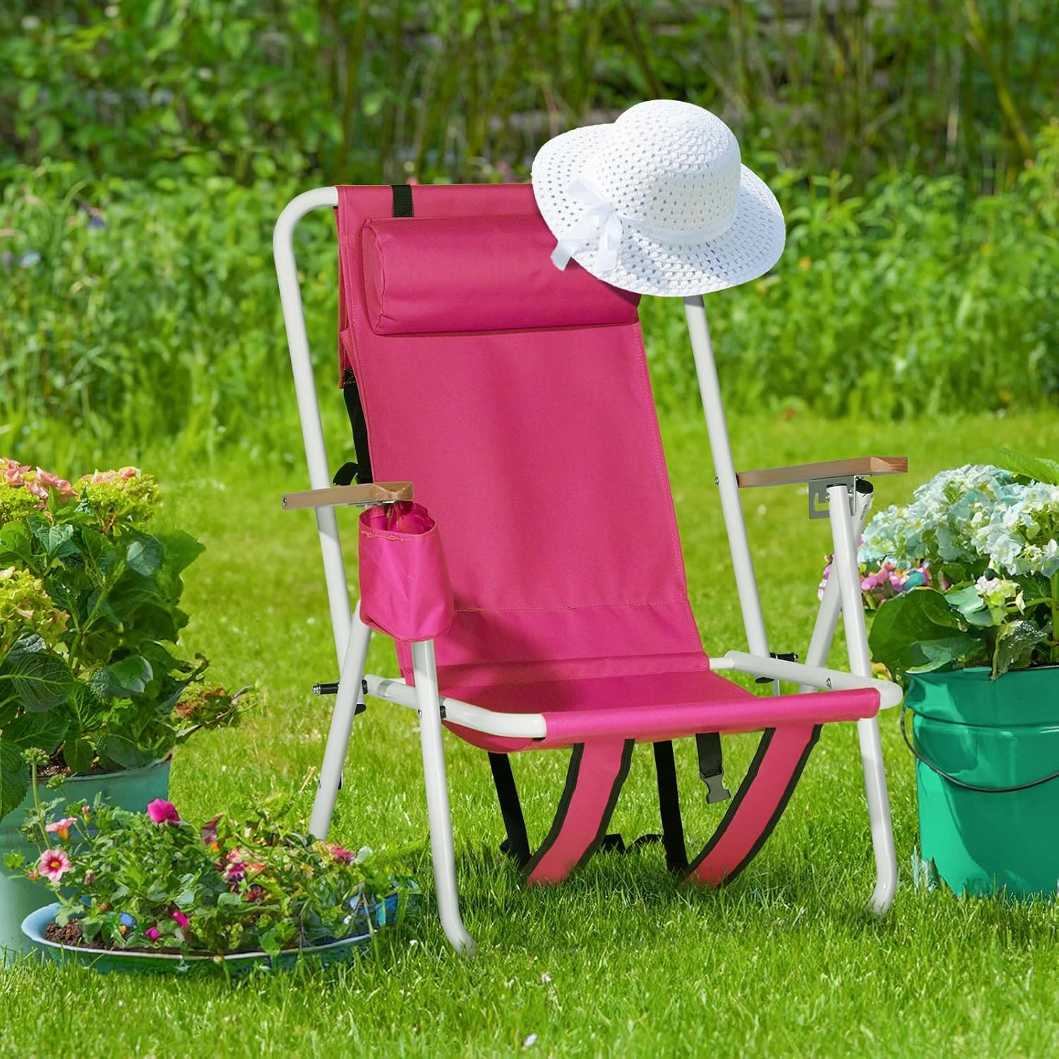 4-Position Folding Backpack Beach Chair with Headrest & Cup Holder - Portable Camping Chair with Wooden Armrests, 330LB Capacity & Adjustable Recline - Lightweight & Compact, Pink