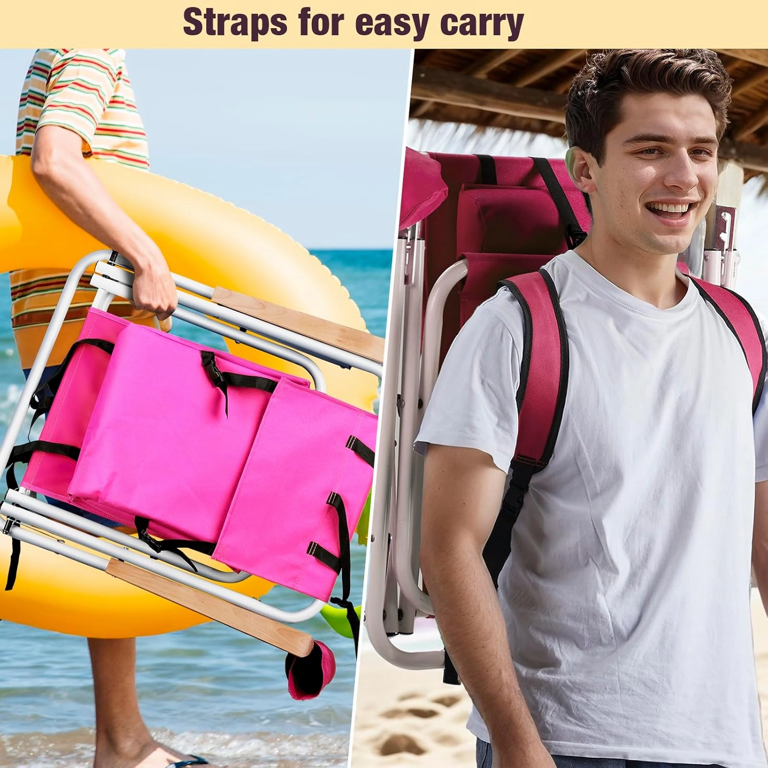 4-Position Folding Backpack Beach Chair with Headrest & Cup Holder - Portable Camping Chair with Wooden Armrests, 330LB Capacity & Adjustable Recline - Lightweight & Compact, Pink