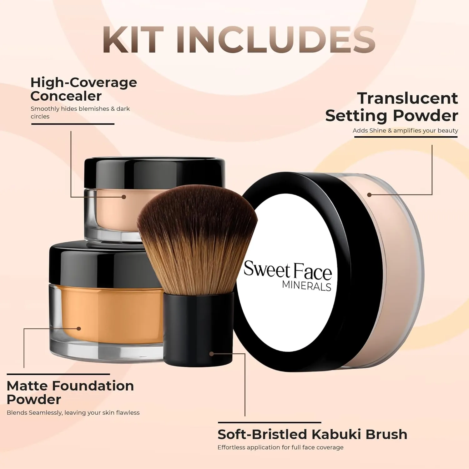 4pc Full Size Kit (Deep Tan) Mineral Makeup Matte Translucent Loose Foundation   Kabuki Brush   Concealer   Finishing Setting Powder   Bare Face Full Coverage SPF 30 All Skin Types Waterproof