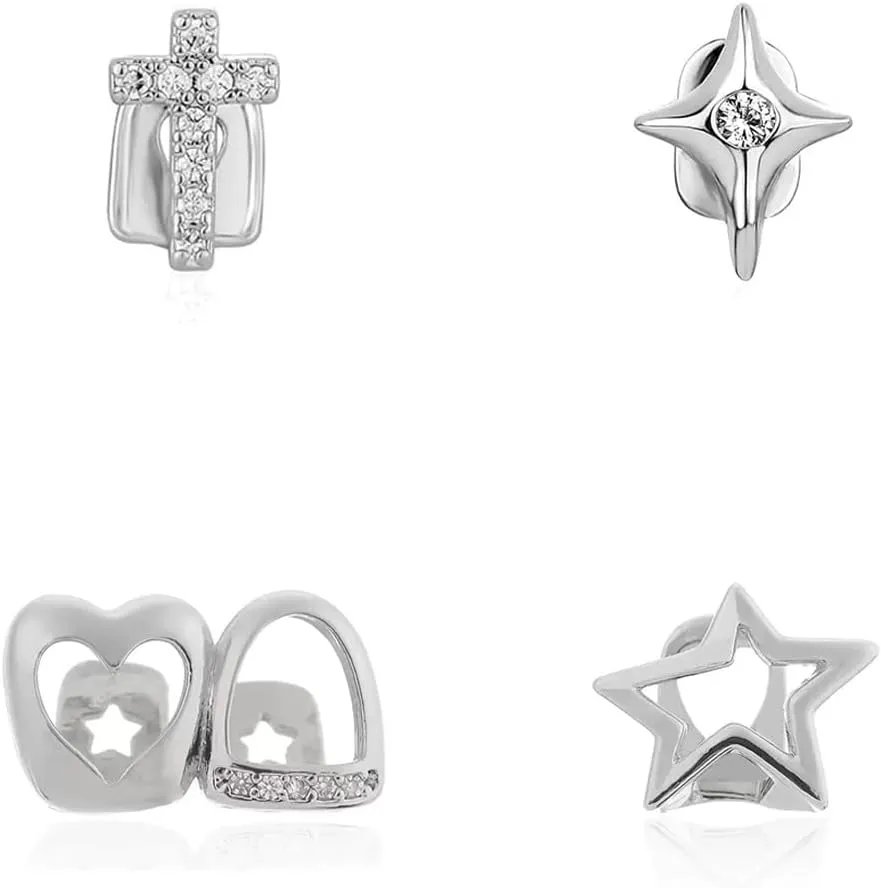 4PC Grillz for Women Gold Plated Silver Grills for Your Teeth Punk Rhinestones Cross Grillz Hollow Out Heart Star tooth cap Hip-Hop Jewelry Gift for Women Men
