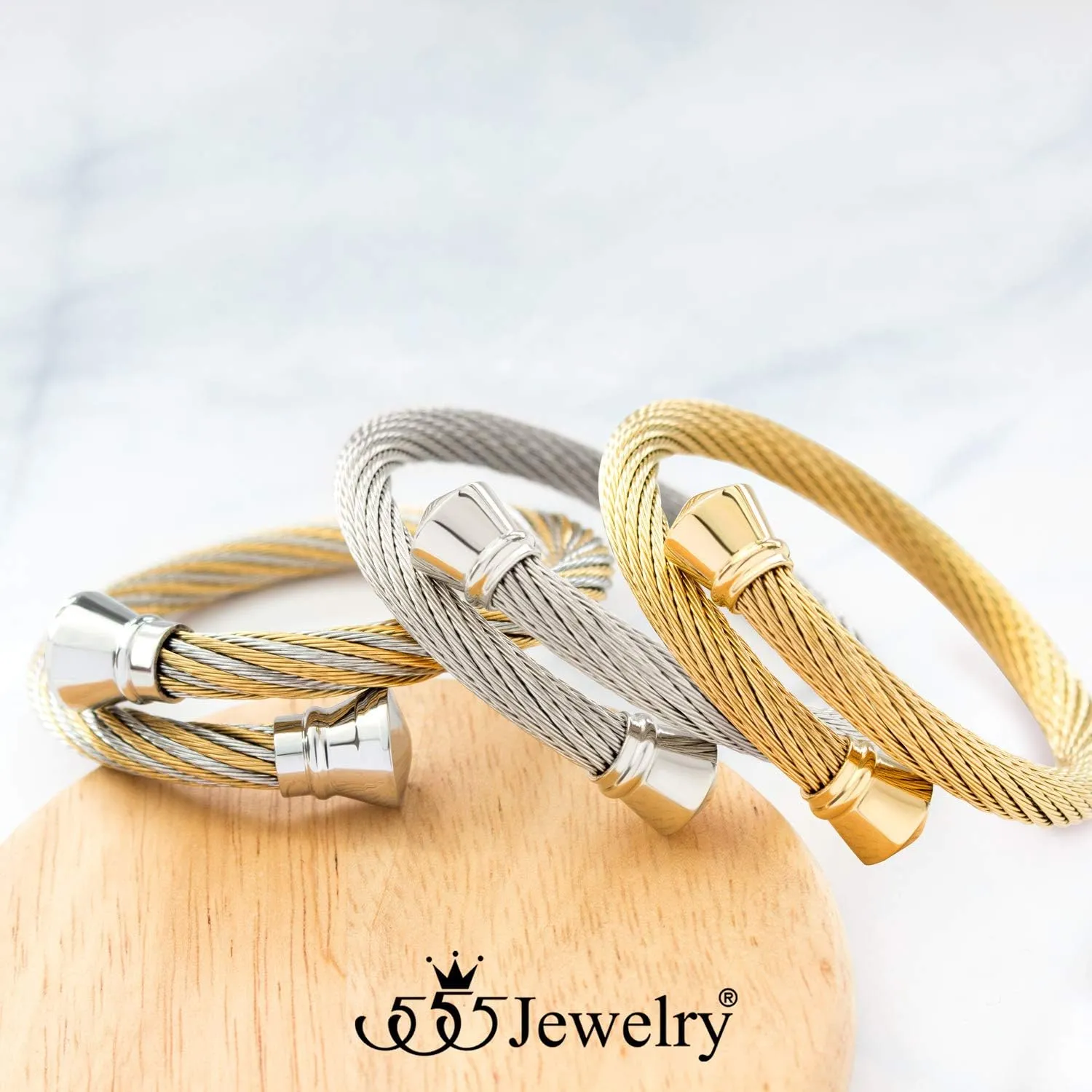 555Jewelry Classic Vintage Stainless Steel Twisted Wire Cuff Bracelet Bangle