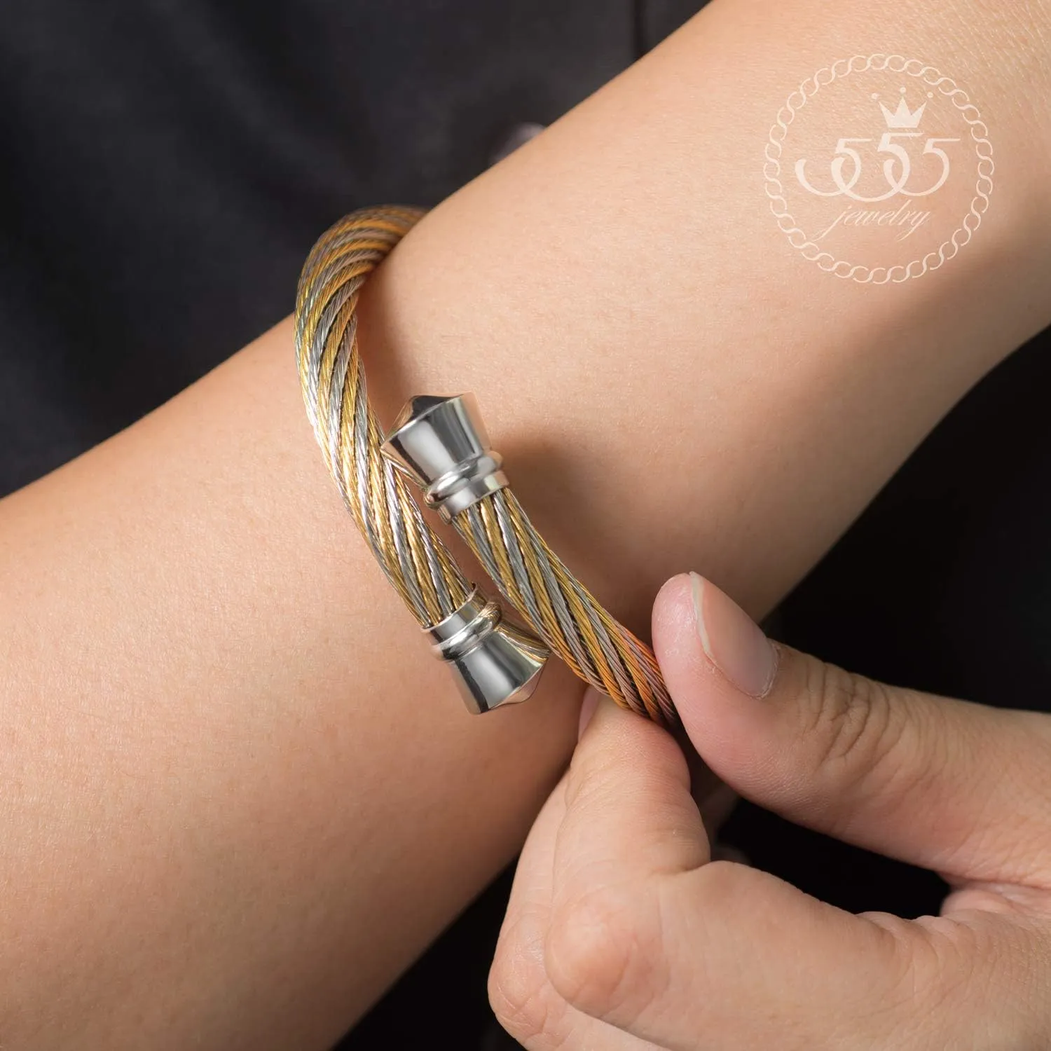 555Jewelry Classic Vintage Stainless Steel Twisted Wire Cuff Bracelet Bangle