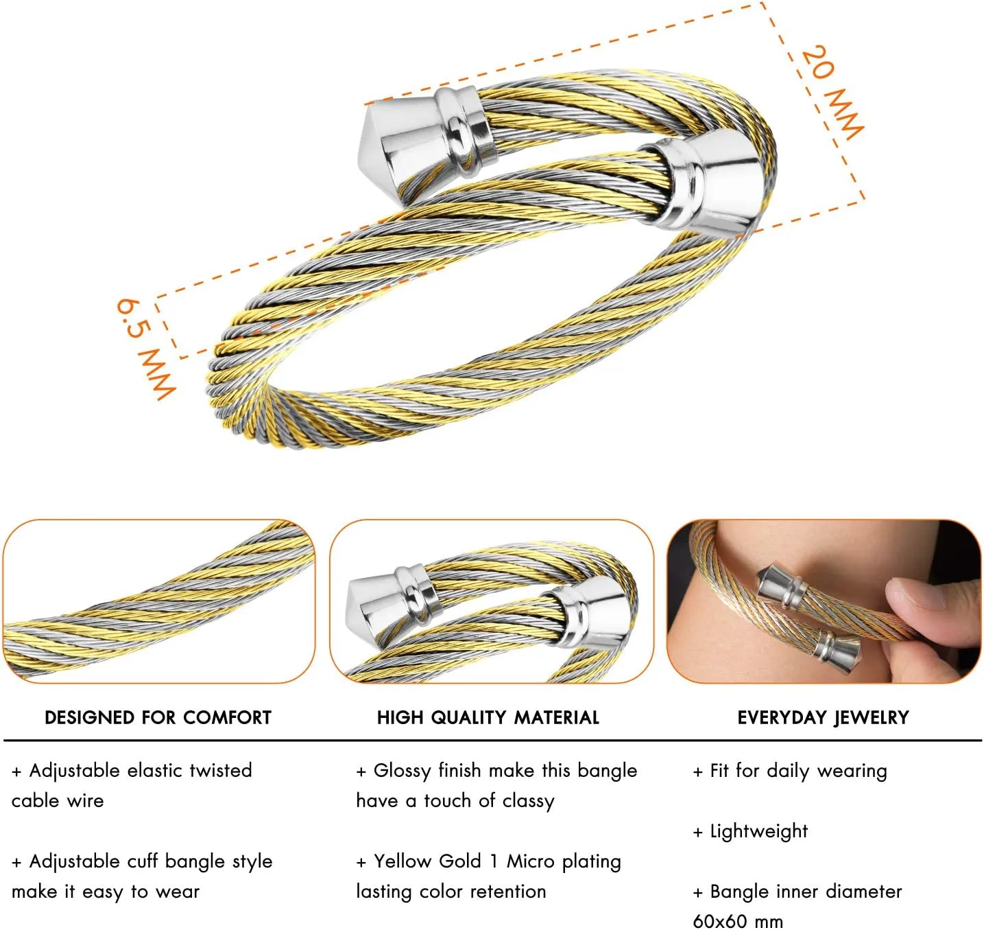 555Jewelry Classic Vintage Stainless Steel Twisted Wire Cuff Bracelet Bangle