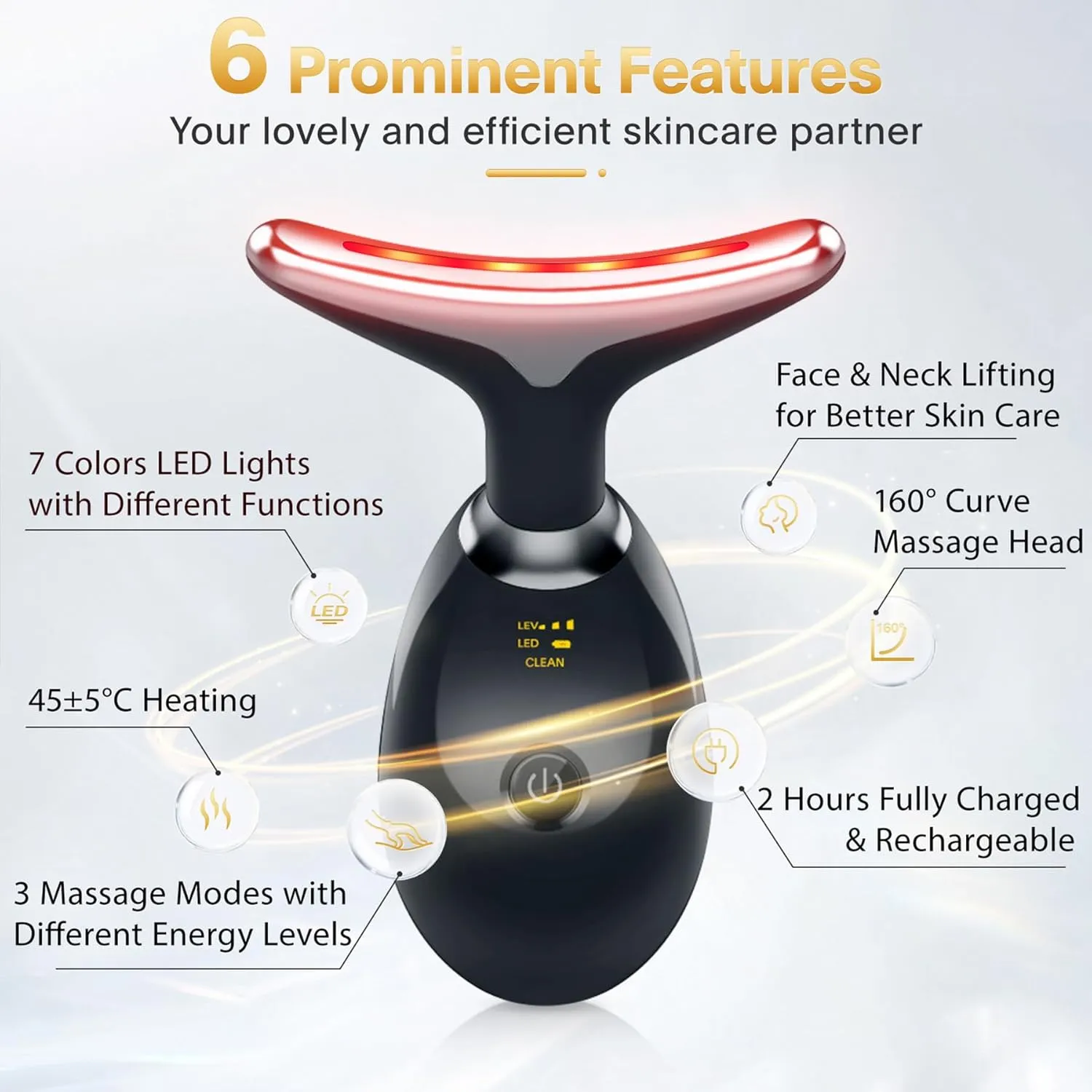 7-in-1 Deplux Skin Care Tool, Face Neck Massager for Skin Care Routine at Home, Glossy Black