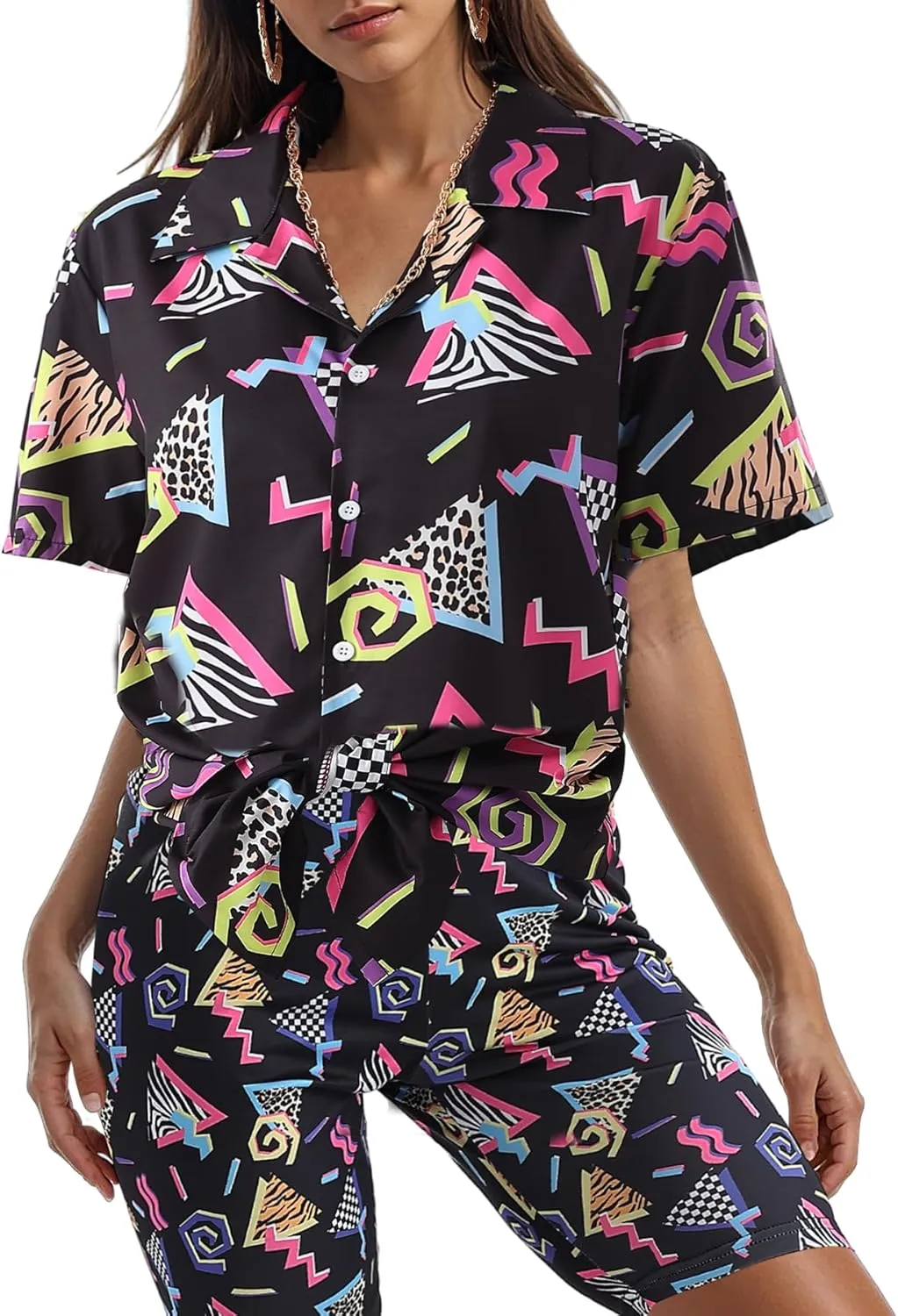80s 90s Outfit for Women Retro Theme Party Disco Outfit Hip Hop Button Up Blouse Tops Casual Short Sleeve Hawaiian Vintage
