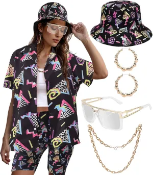 80s 90s Outfit for Women Retro Theme Party Disco Outfit Hip Hop Button Up Blouse Tops Casual Short Sleeve Hawaiian Vintage