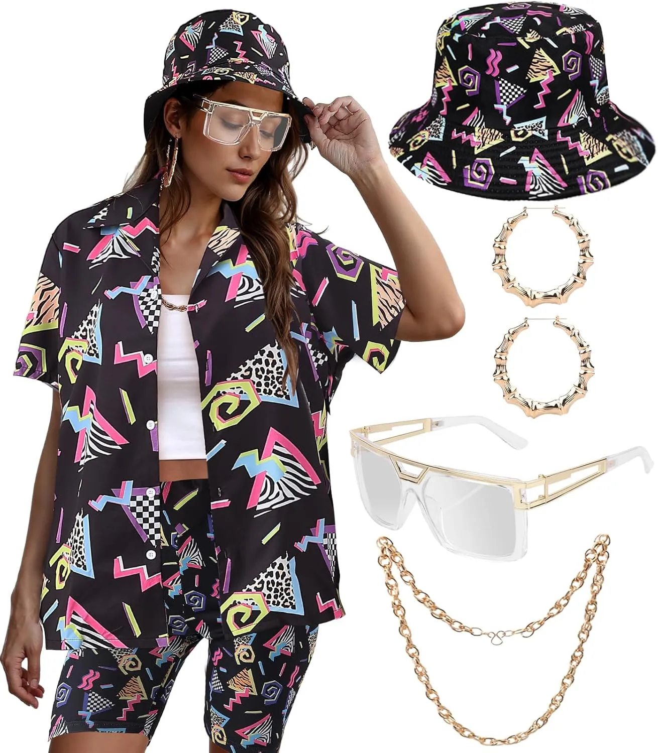 80s 90s Outfit for Women Retro Theme Party Disco Outfit Hip Hop Button Up Blouse Tops Casual Short Sleeve Hawaiian Vintage